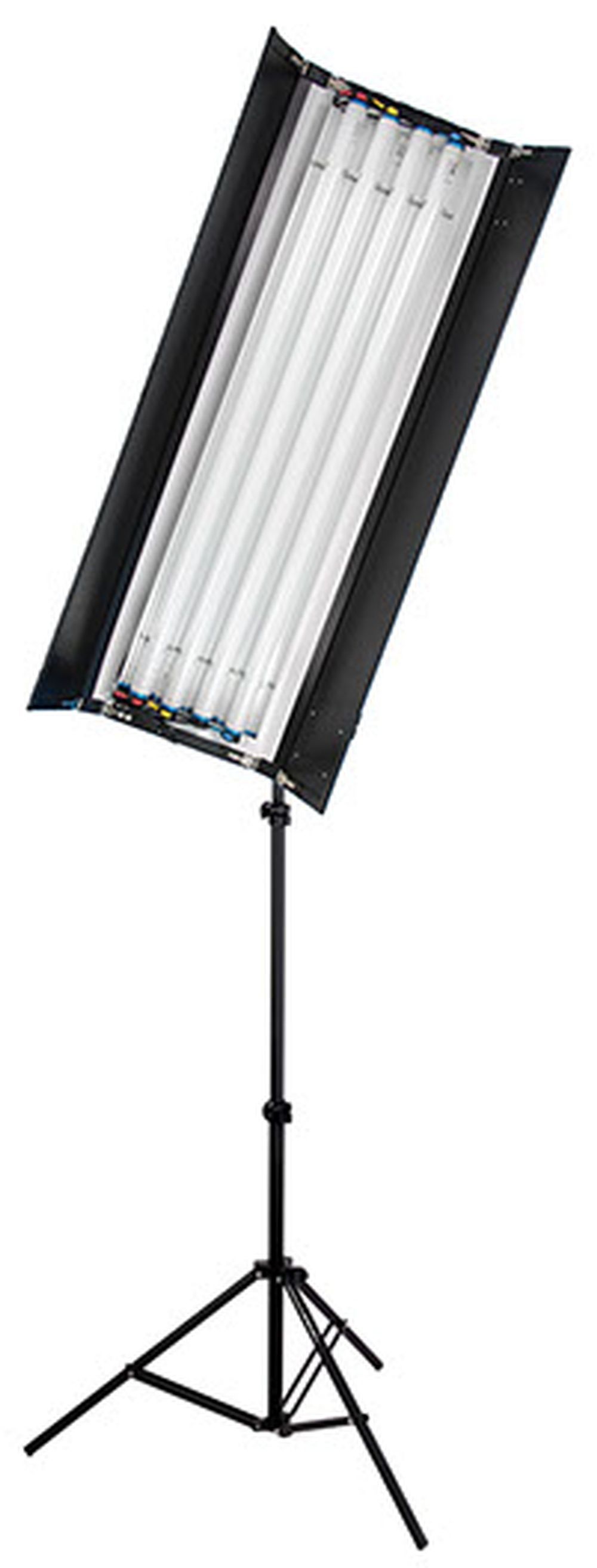 A picture of a light on a tripod on a white background.