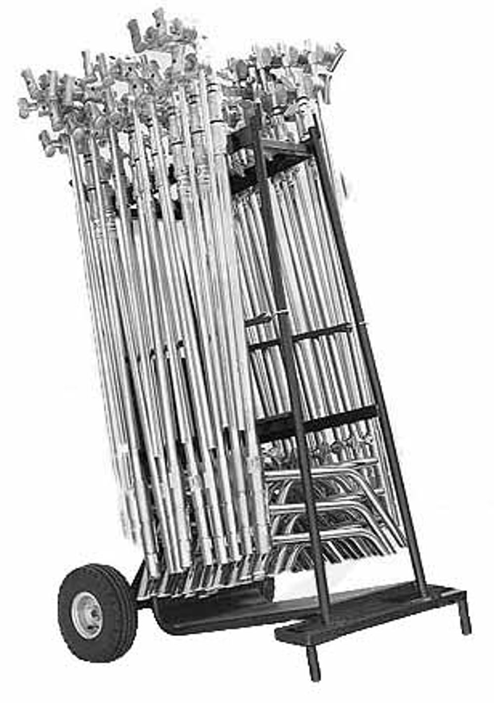 A black and white photo of a cart filled with scaffolding poles.