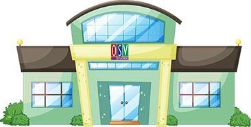 A cartoon illustration of a large green building on a white background.