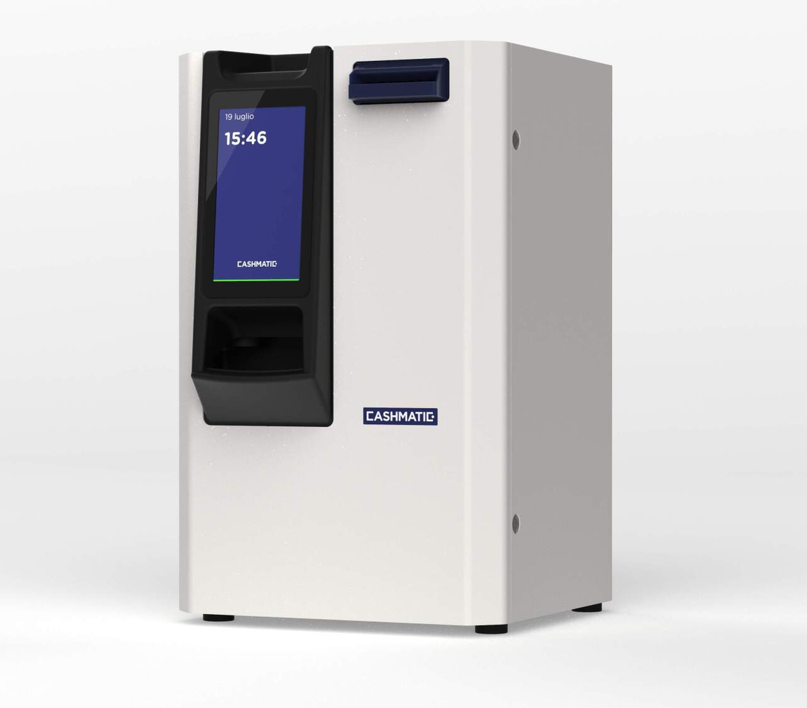 Un bancomat bianco con uno schermo blu