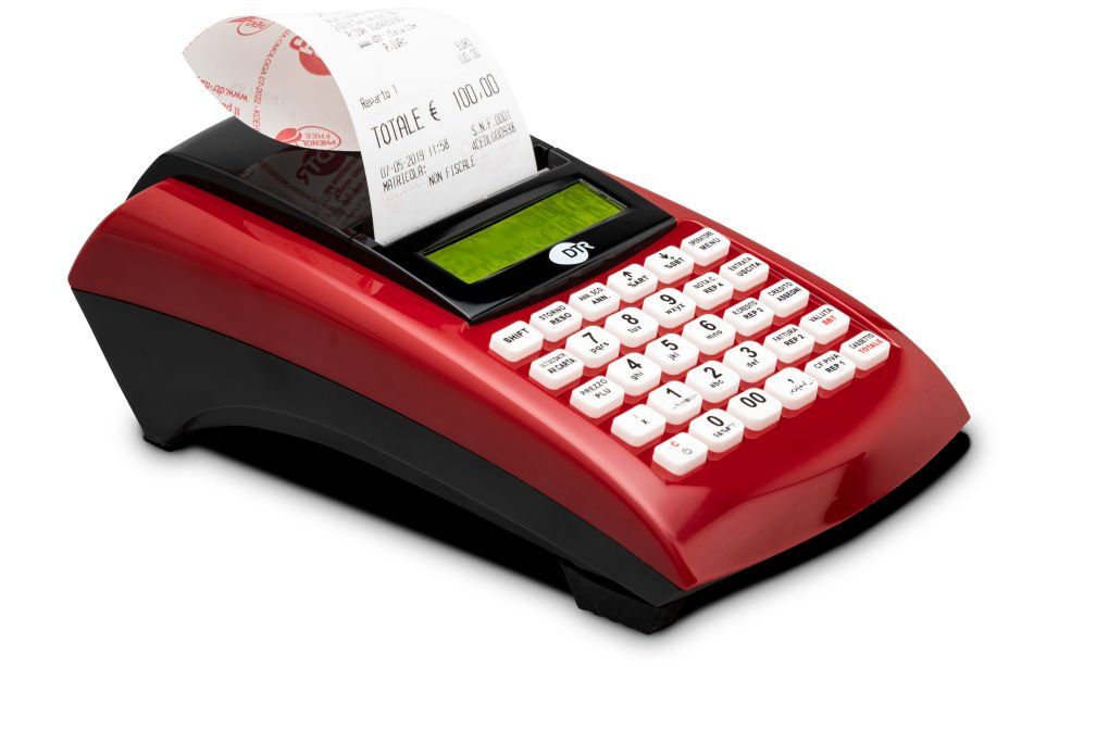 Una calcolatrice rossa con una ricevuta sopra