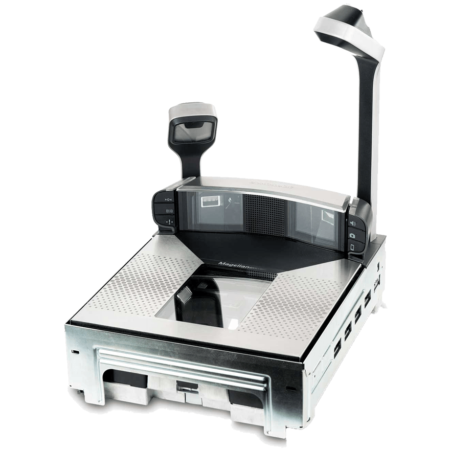 Uno scanner è appoggiato su un tavolo con uno sfondo bianco