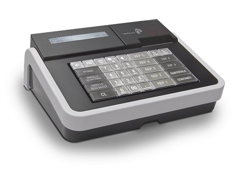 Un registratore di cassa in bianco e nero con una grande tastiera su uno sfondo bianco.