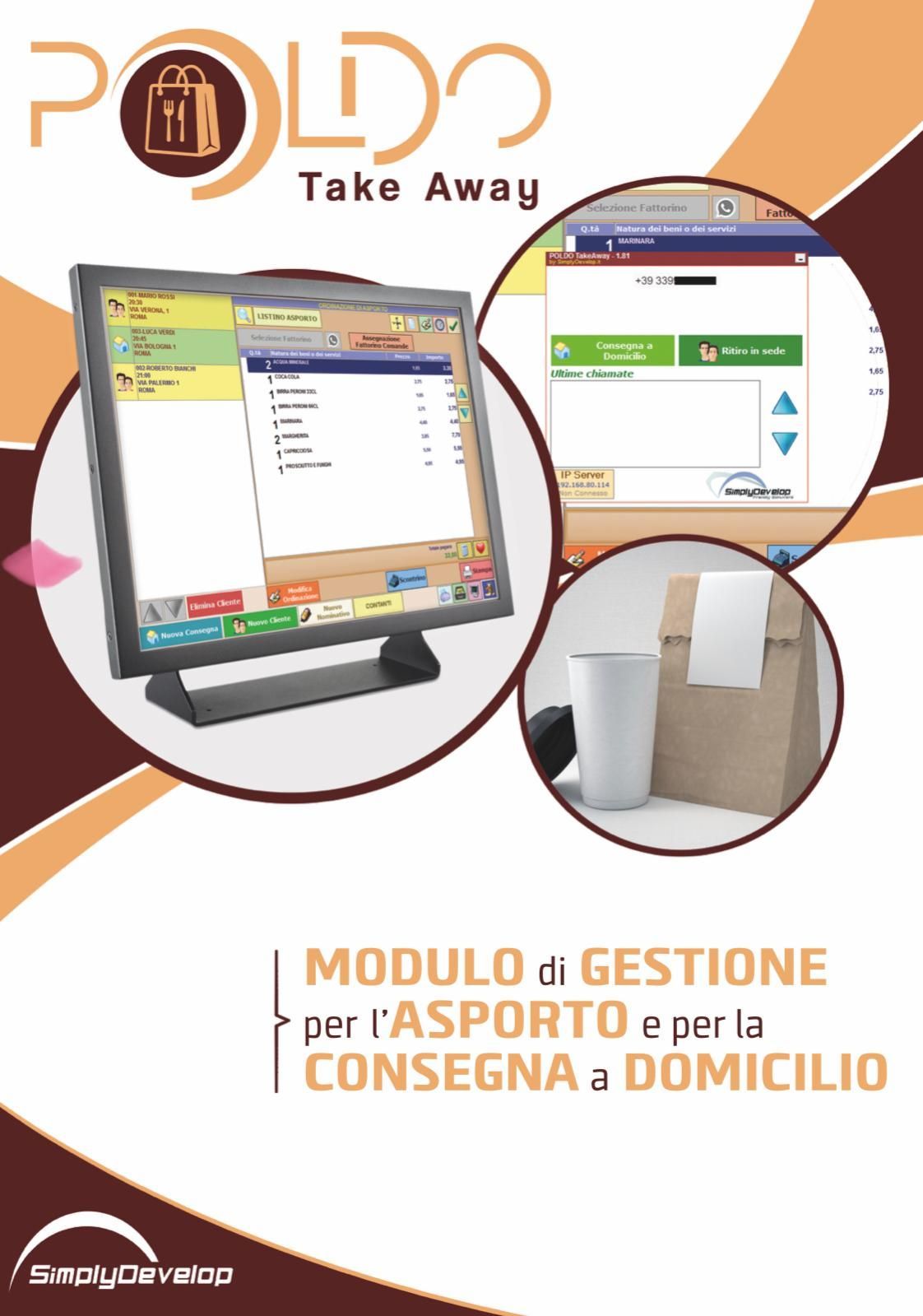 Una pubblicità per il cibo da asporto Poldo con un computer in copertina