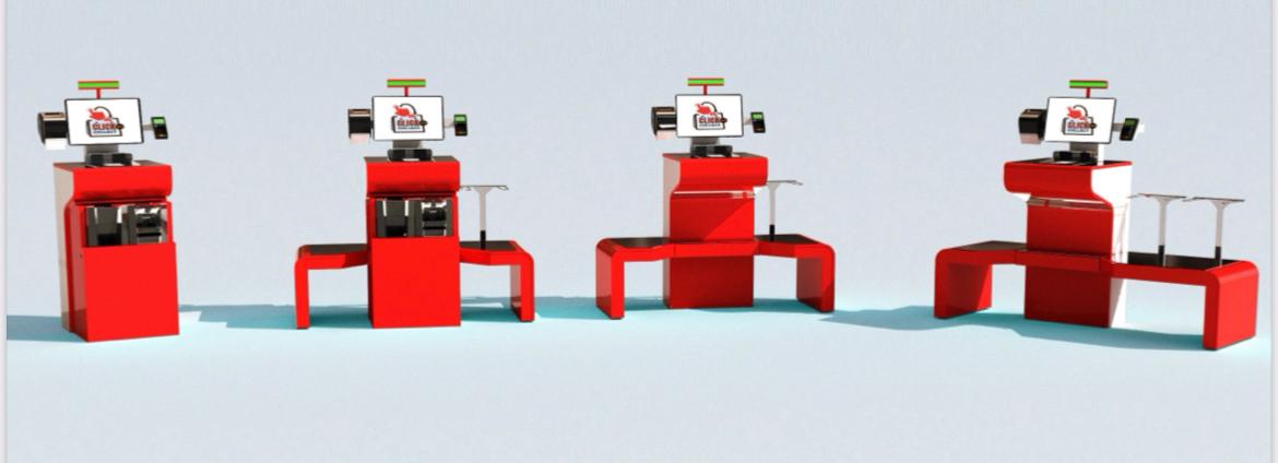 Un gruppo di robot rossi seduti in cima a scatole rosse.