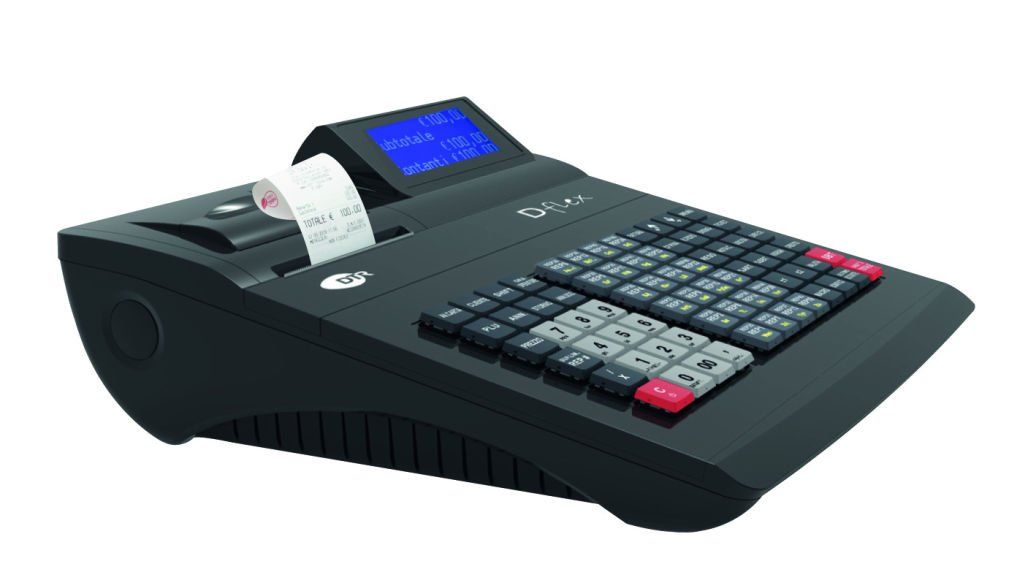 Un registratore di cassa nero con una ricevuta