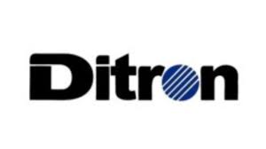 Un logo nero e blu per ditron su uno sfondo bianco