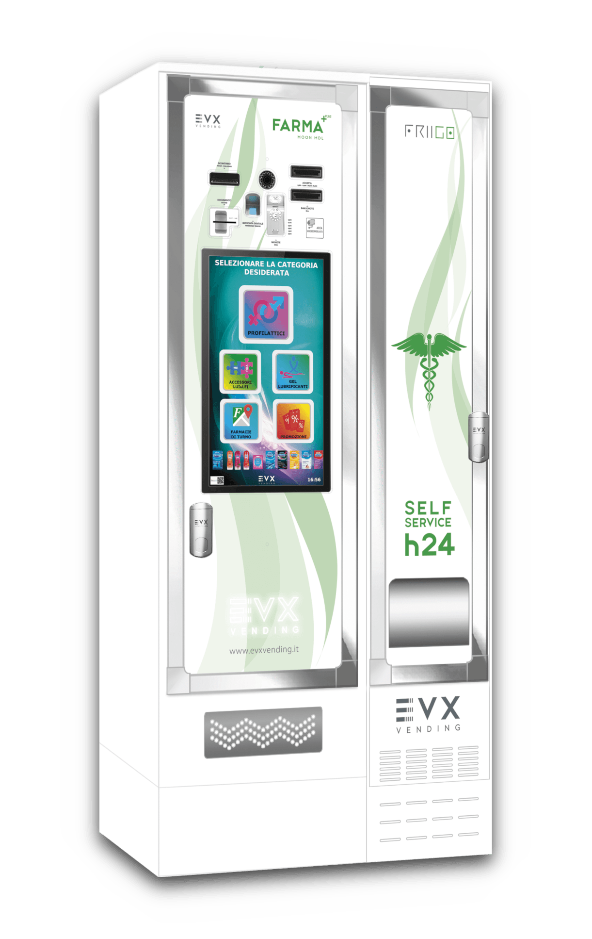 Un distributore automatico bianco con uno schermo e un caduceo.