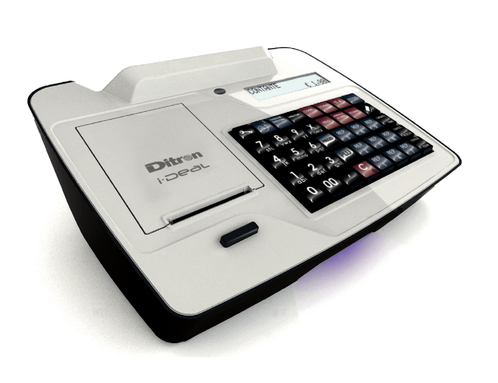Un registratore di cassa bianco e nero con una grande tastiera su uno sfondo bianco.
