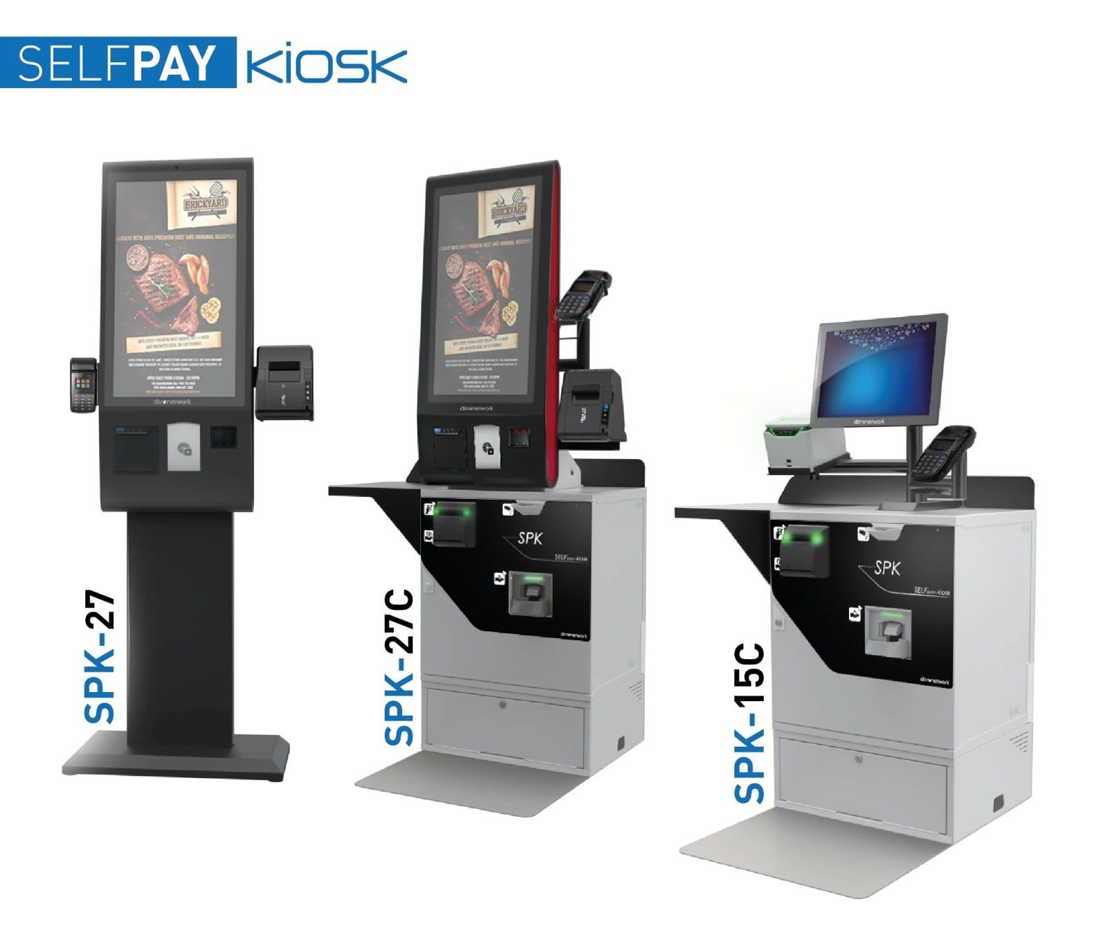 Tre chioschi self-pay sono posizionati uno accanto all'altro su uno sfondo bianco.