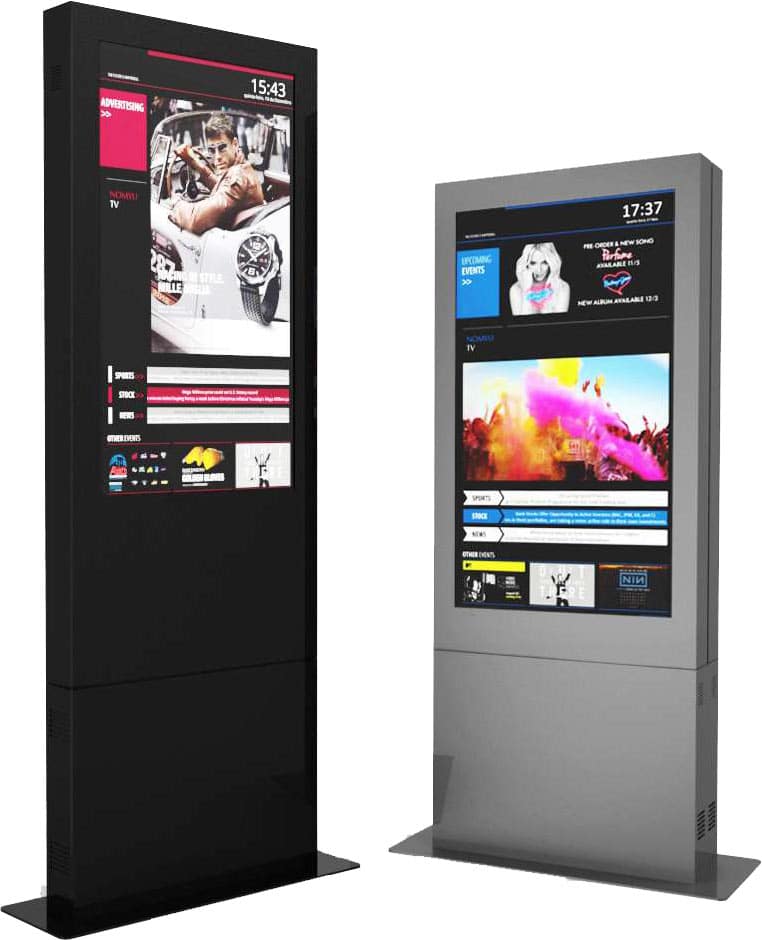 Due torri con un grande schermo sono posizionate una accanto all'altra su uno sfondo bianco.