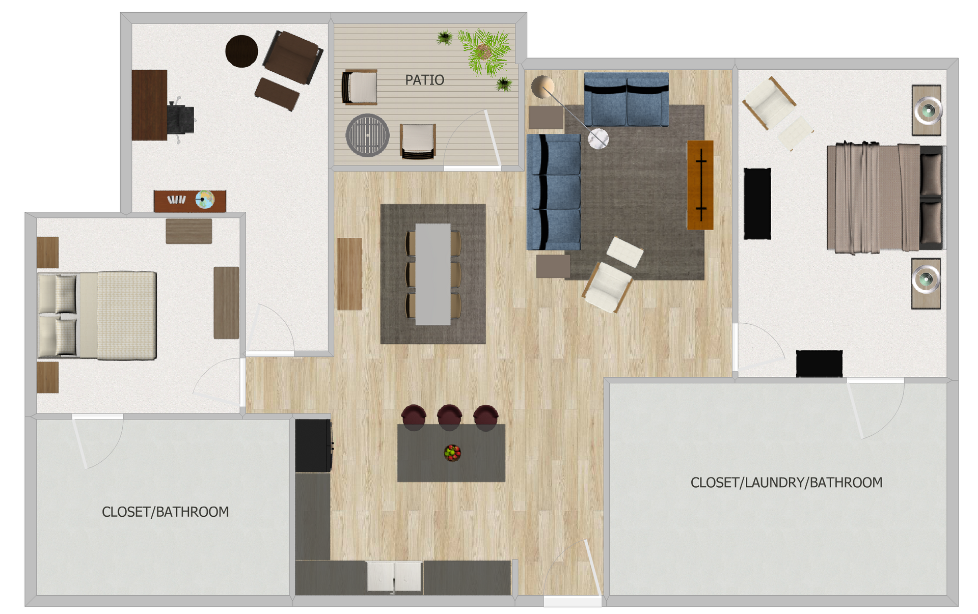 Floor plan of a modern apartment. Furniture arranged in bedrooms, dining, and living areas, in neutral tones.