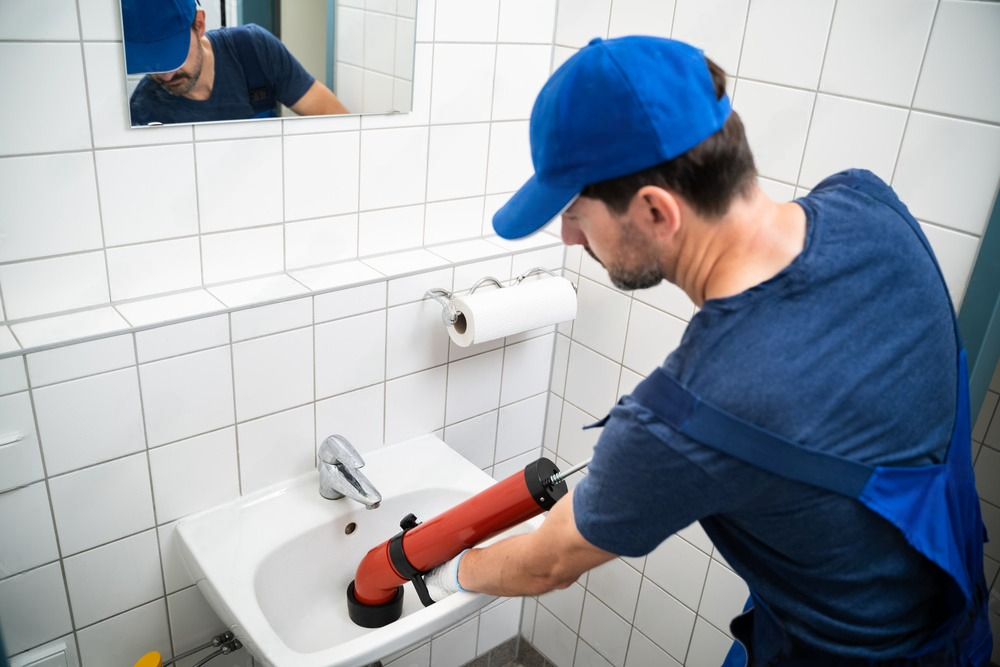 a man is using a plunger to unblock a sink in a bathroom .