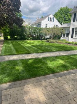 A lush green lawn next to a brick walkway and a white house.