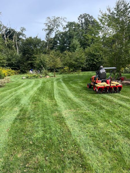 A lawn mower is cutting a lush green lawn.