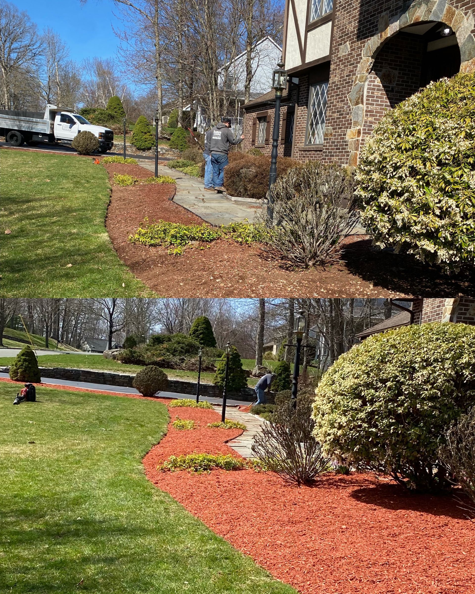 A before and after picture of a lawn with red mulch.