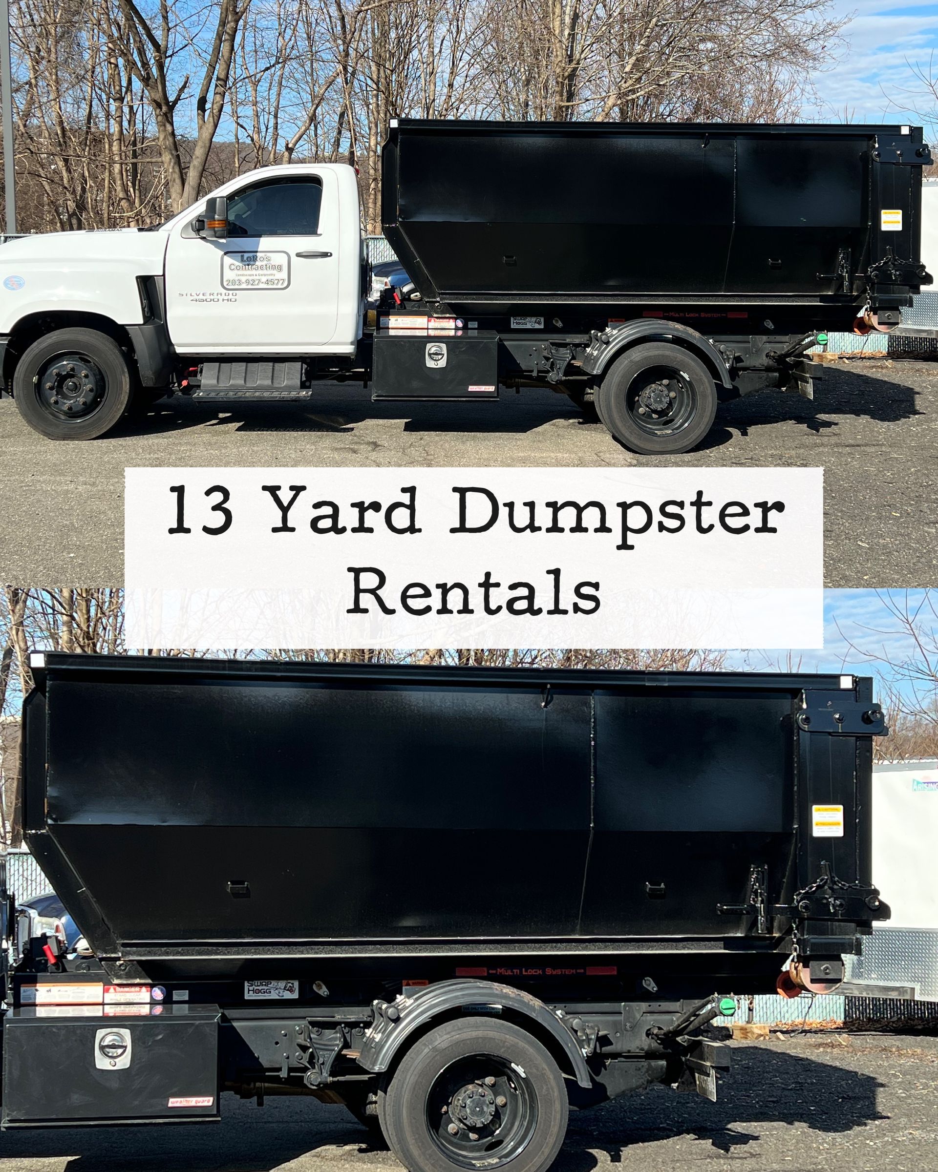 A black and white dumpster is parked in a dirt lot.