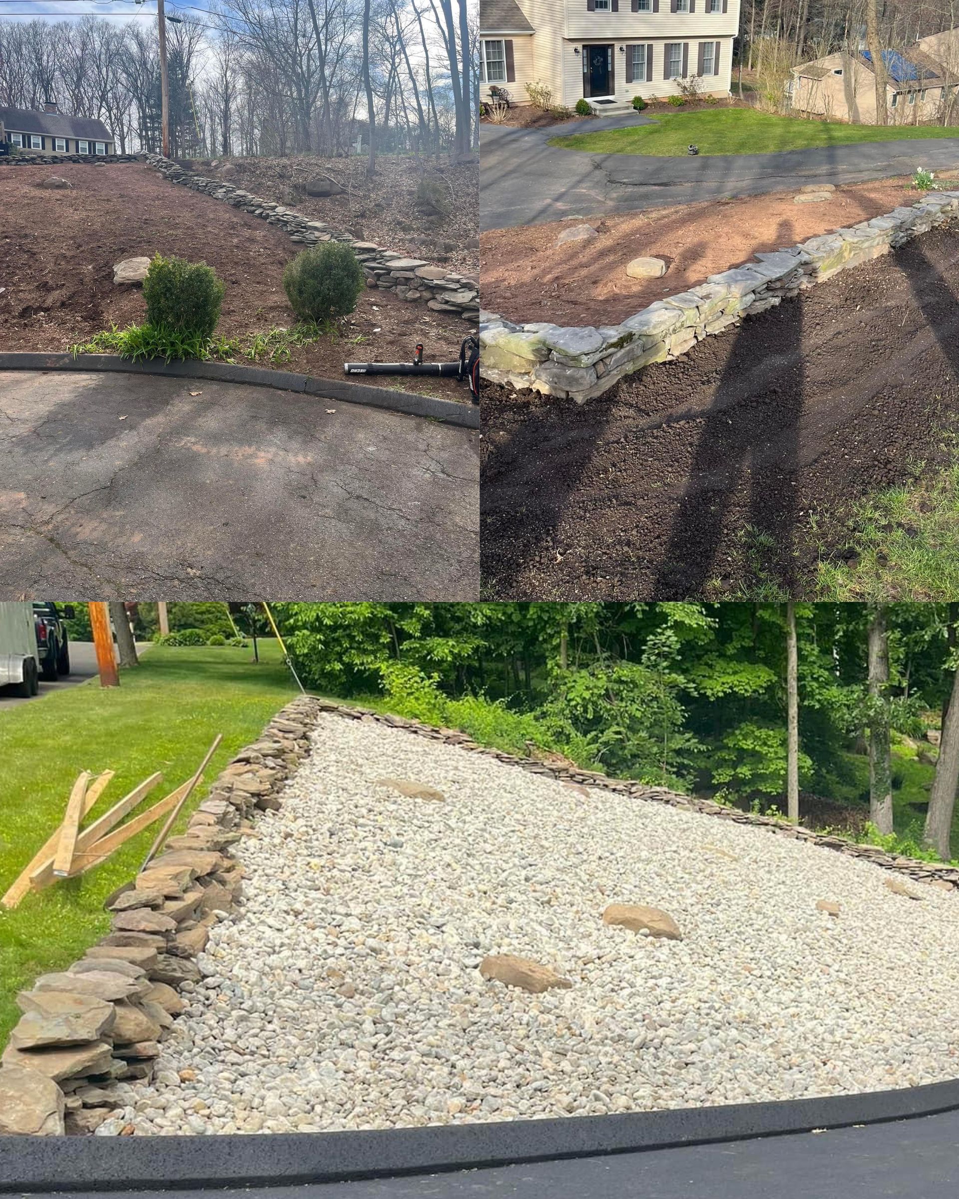 A collage of pictures of a driveway being built in front of a house.