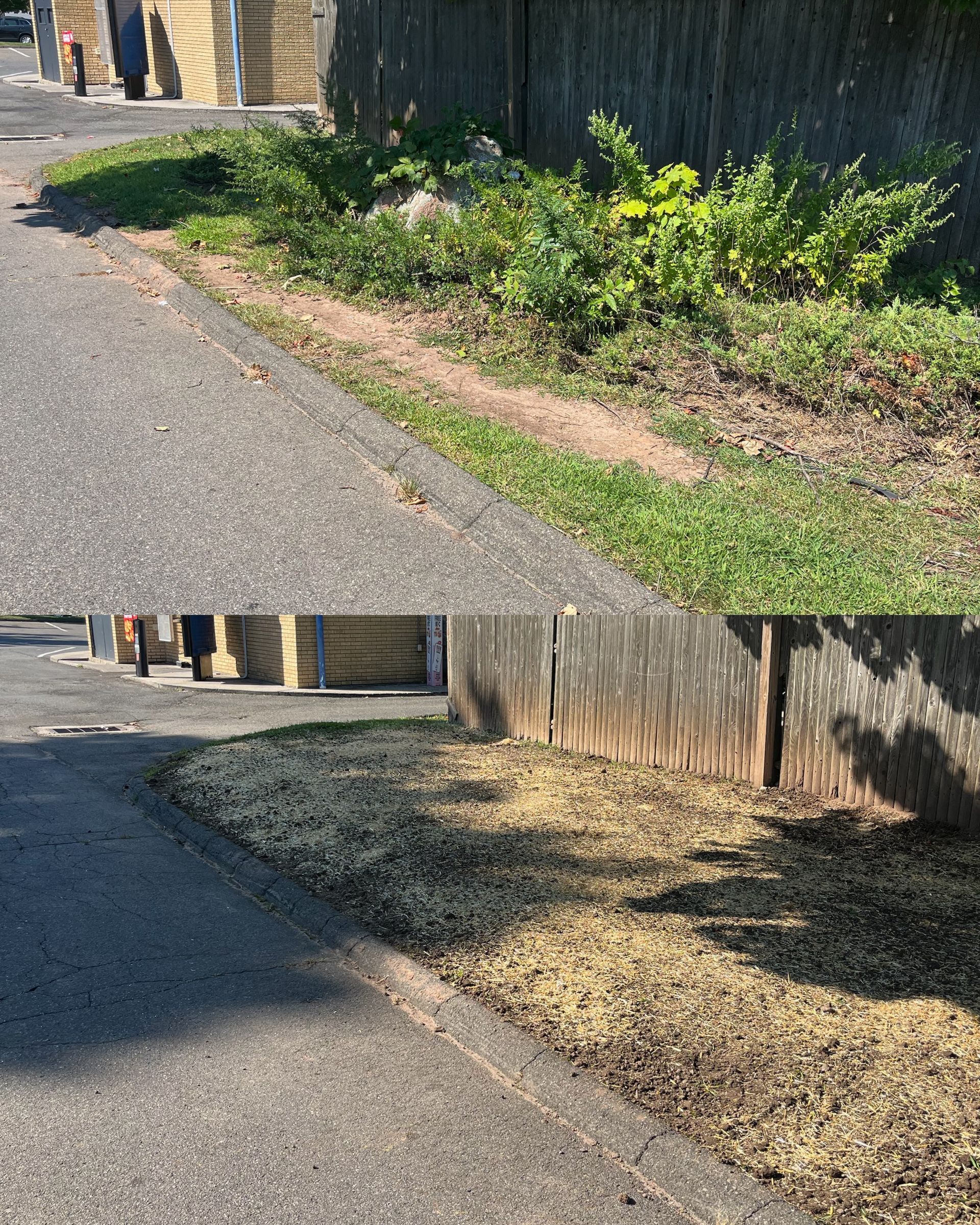 A before and after picture of a sidewalk with grass and a fence.