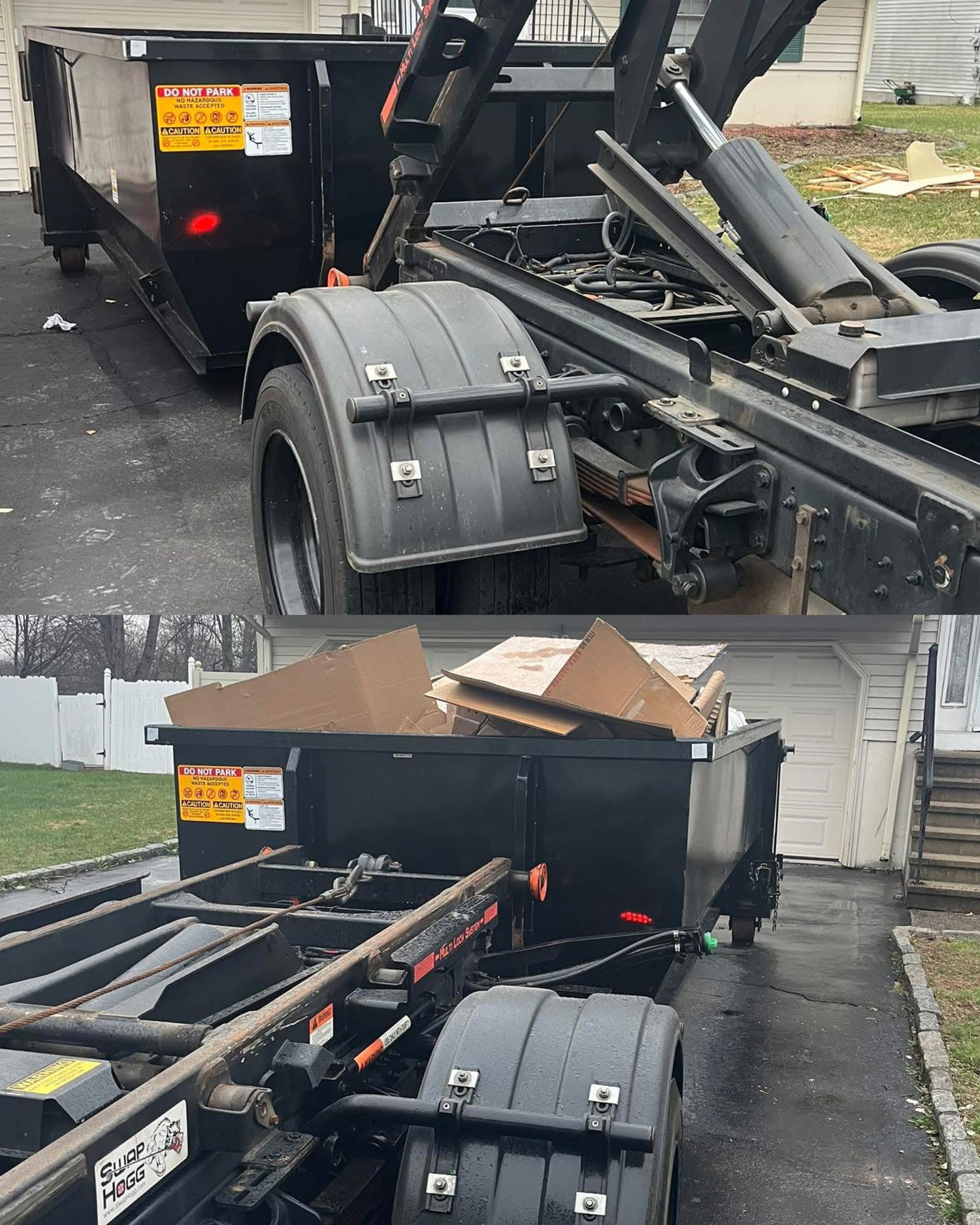 Two pictures of a dumpster truck with a warning sign on the back