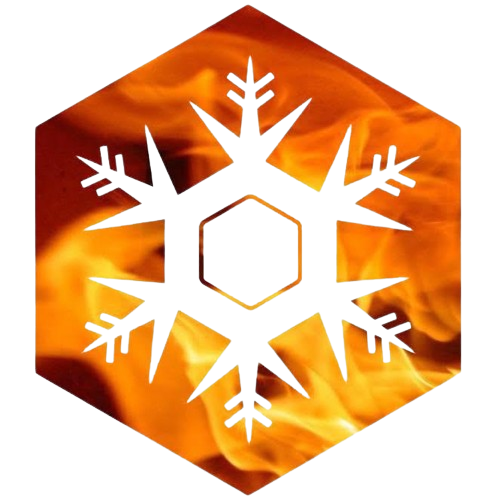 A snowflake is surrounded by flames in a hexagon