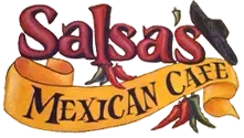 Salsa's Mexican Cafe logo: maroon text above a yellow banner with black text, chili peppers, and a black hat.