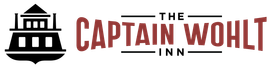 Logo for The Captain Wohlt Inn featuring a black silhouette of a riverboat next to the name in red text.