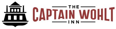 Logo for The Captain Wohlt Inn featuring a black silhouette of a riverboat next to the name in red text.