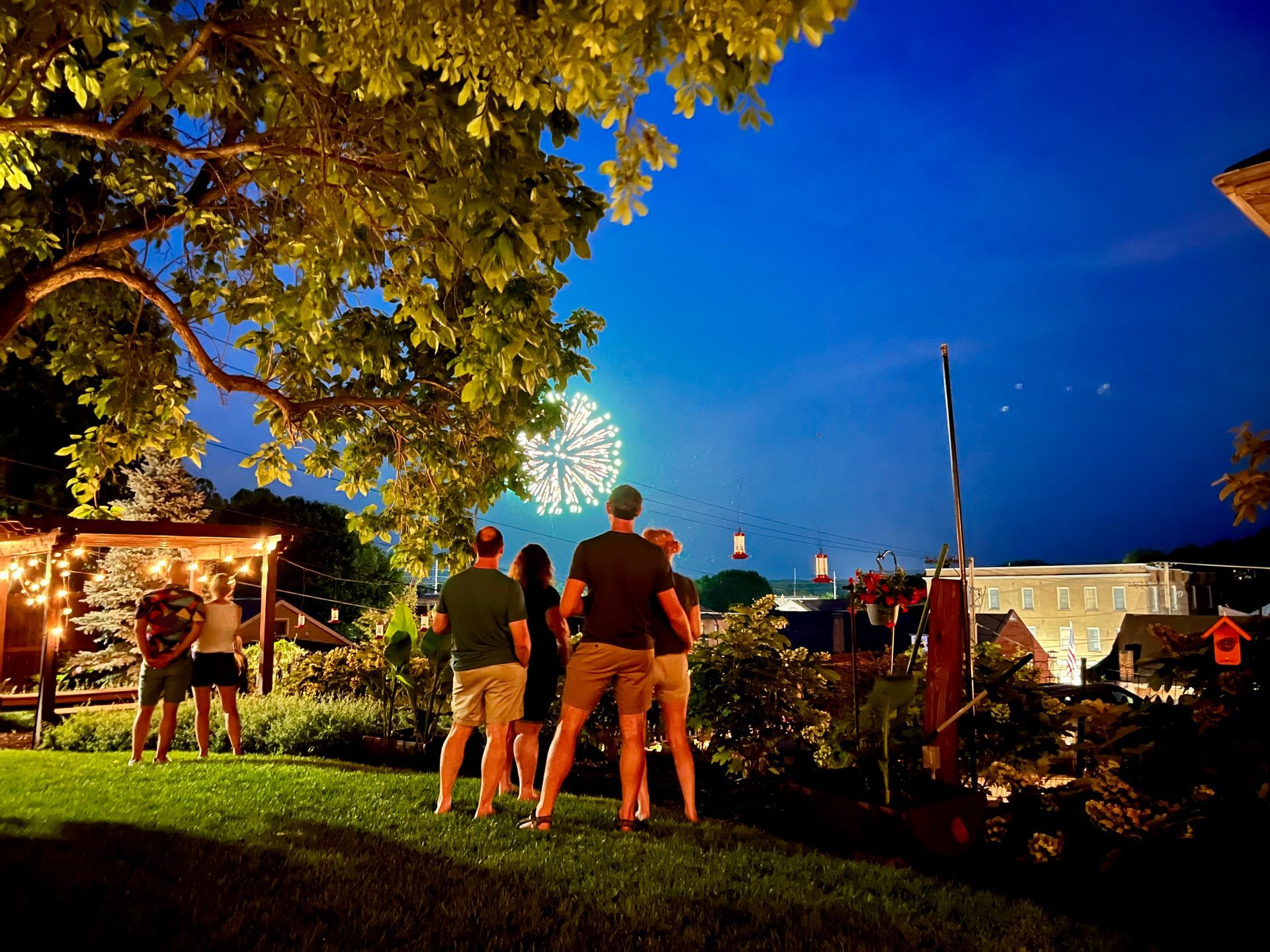 A group of people stands on a grassy lawn at dusk, watching fireworks light up the night sky behind trees and buildings.