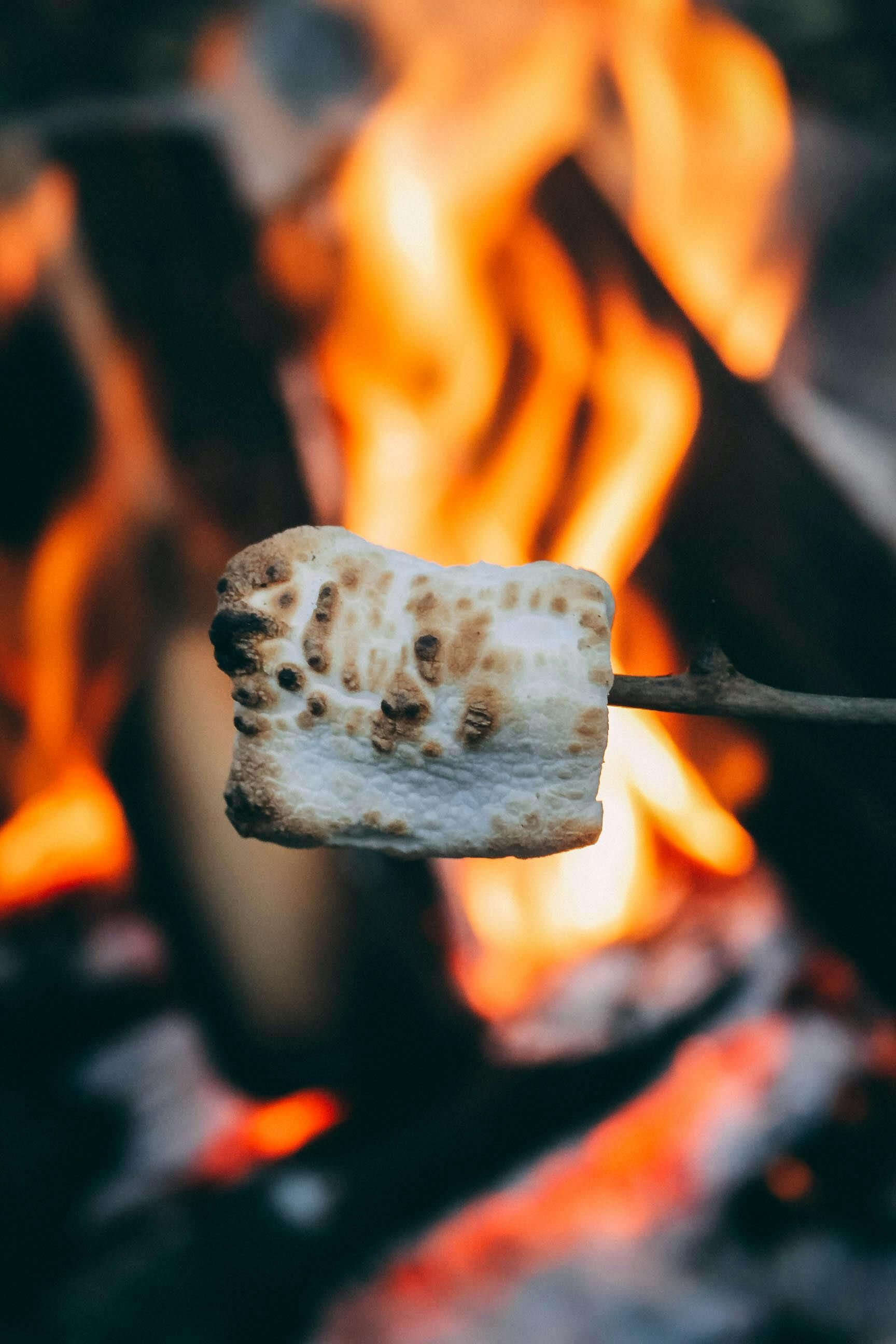 A toasted marshmallow on a stick held in front of a glowing campfire.