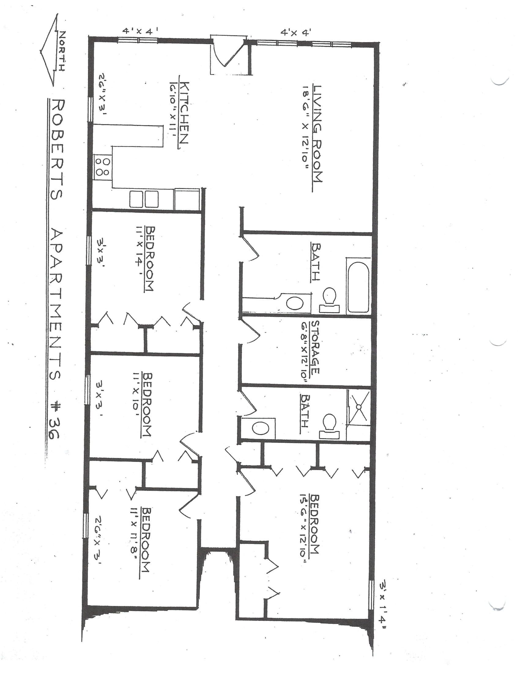 a black and white floor plan of roberts apartments