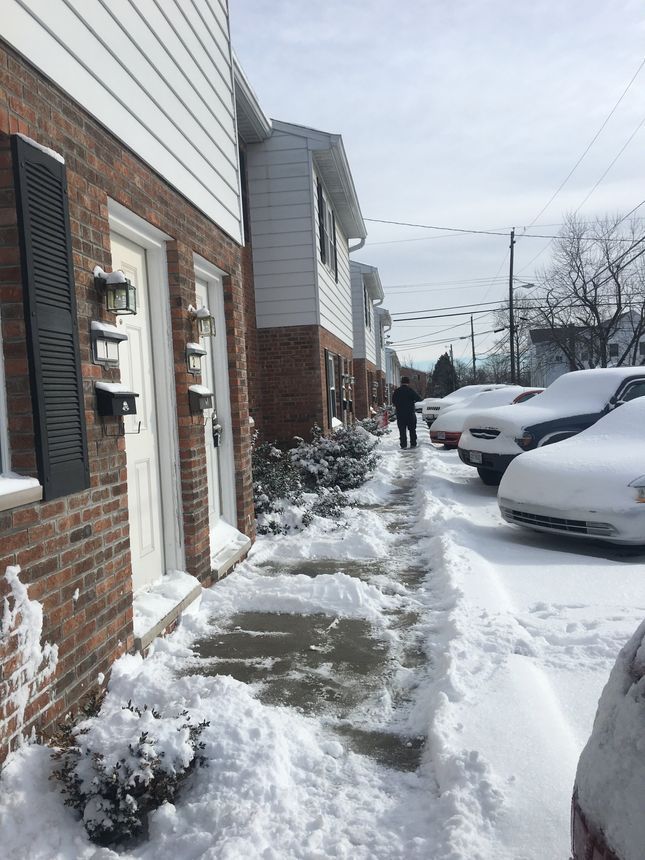 a snowy sidewalk in front of a row of houses