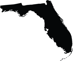 A solid black silhouette of the state of Florida on a white background.