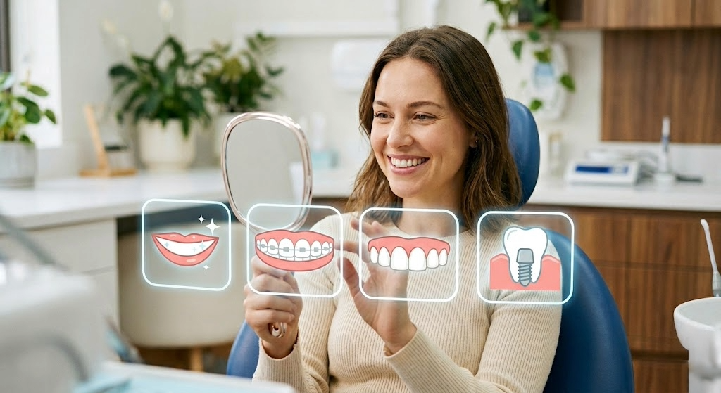 Woman smiling while viewing virtual dental icons on a transparent screen in a bright kitchen