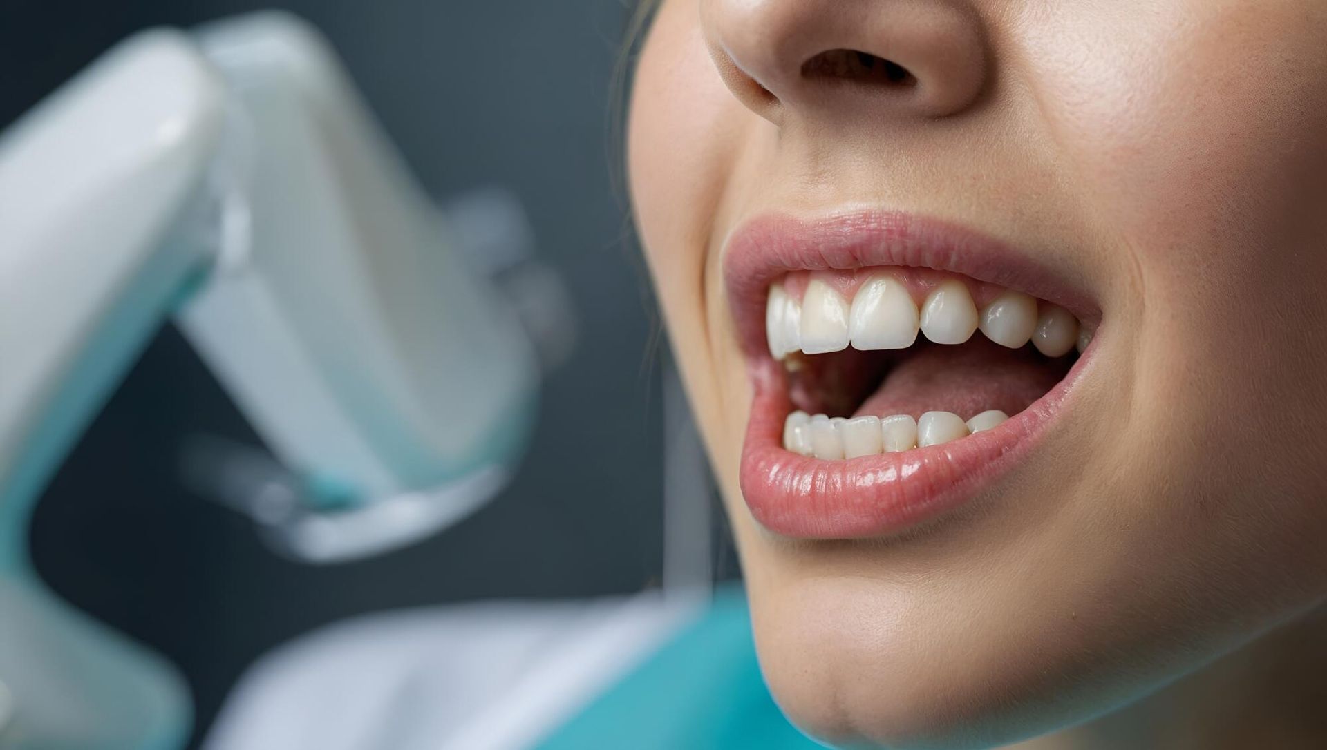 A woman is getting her teeth examined by a dentist.