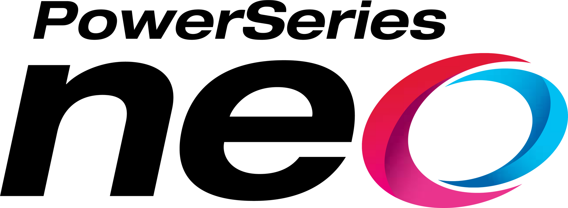 The power series neo logo is black and red with a blue circle in the middle.