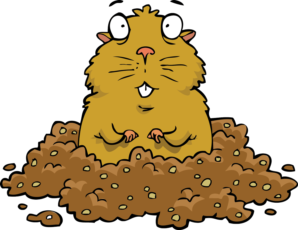 a cartoon hamster is sitting in a pile of dirt .