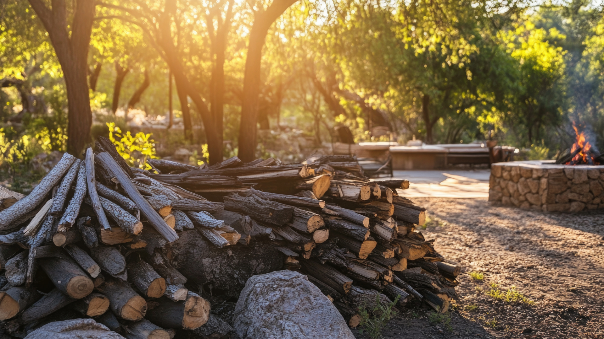 Pile of firewood next to a fire pit, bathed in warm sunlight in a wooded area.