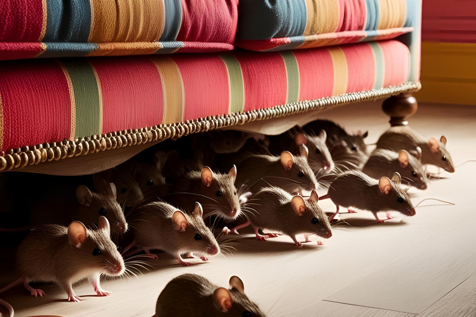 A bunch of mice are crawling under a couch