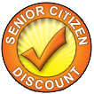 a senior citizen discount logo with a check mark in the center .