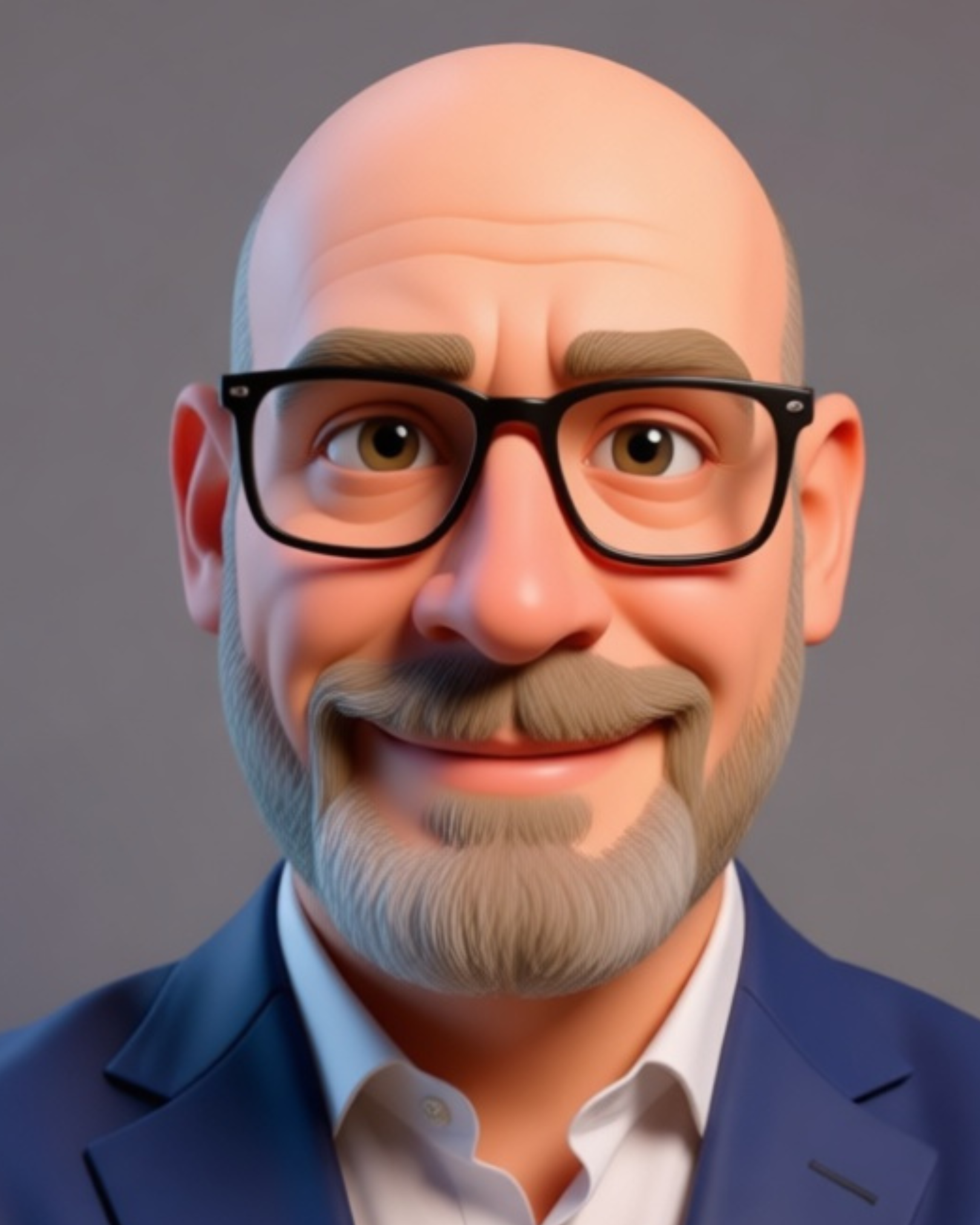 Smiling bald man wearing glasses, goatee, and blue blazer.