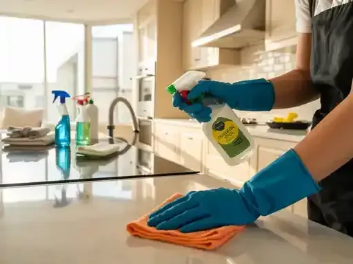 Person in blue gloves spraying and wiping a kitchen countertop with a cleaning product and cloth.