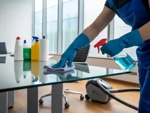 Person in blue cleaning office table with spray bottle and cloth, vacuum in background.