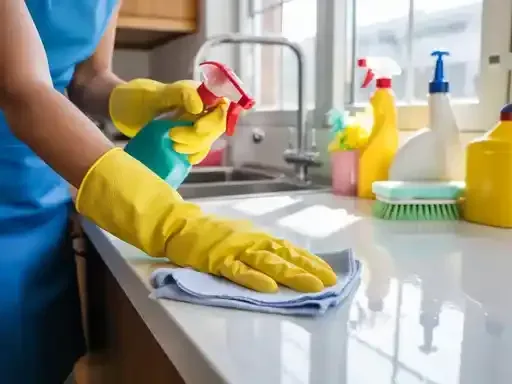 Person wearing yellow gloves sprays and wipes a countertop with cleaning supplies in a kitchen.