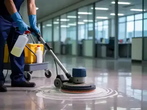 Custodian in blue uniform cleans office floor with floor buffer.