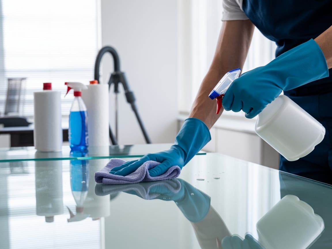 Person wearing blue gloves spraying and wiping a glass table with cleaning supplies.