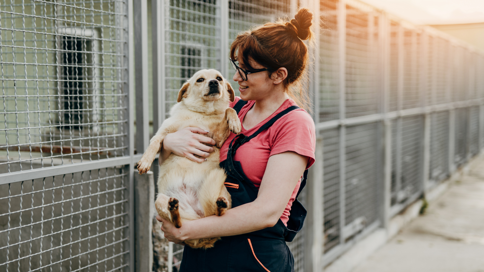 A woman holding a dog outside of a shelter.