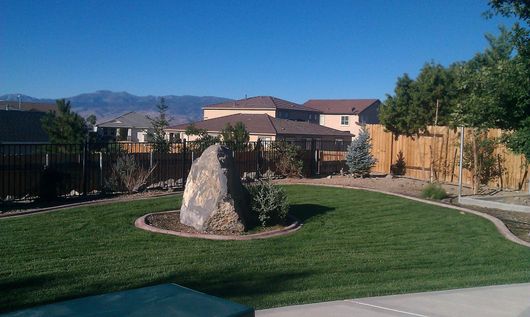A lush green yard with a large rock in the middle