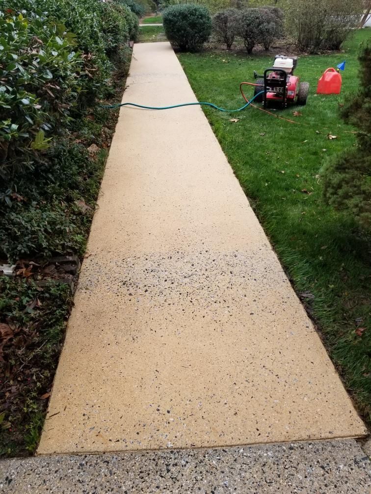 Concrete sidewalk flanked by bushes and grass; power washer and gas can in background.