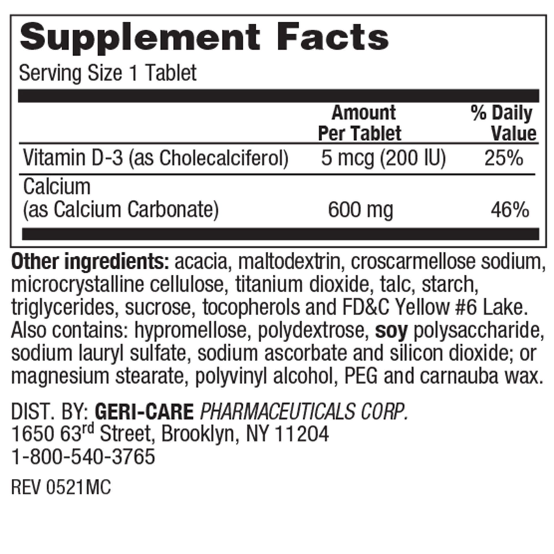 Calcio 600 mg + Vitamina D – 60 tabletas (1 botella)